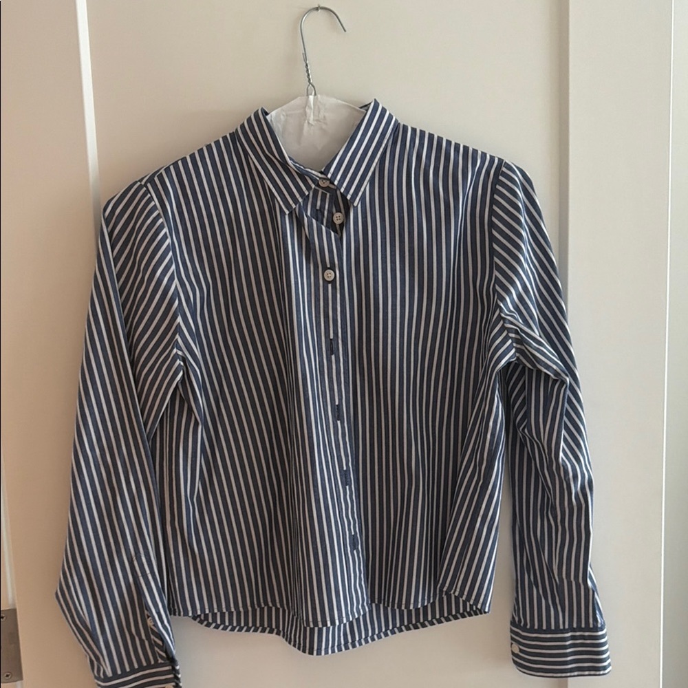 Men's Navy and White Stripe Button-Up Shirt